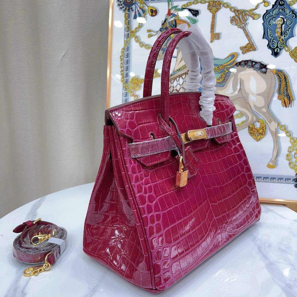 Birkin Style 25/30/35 Retourne in Rubis Crocodile-Embossed Leather (Gold Hardware)