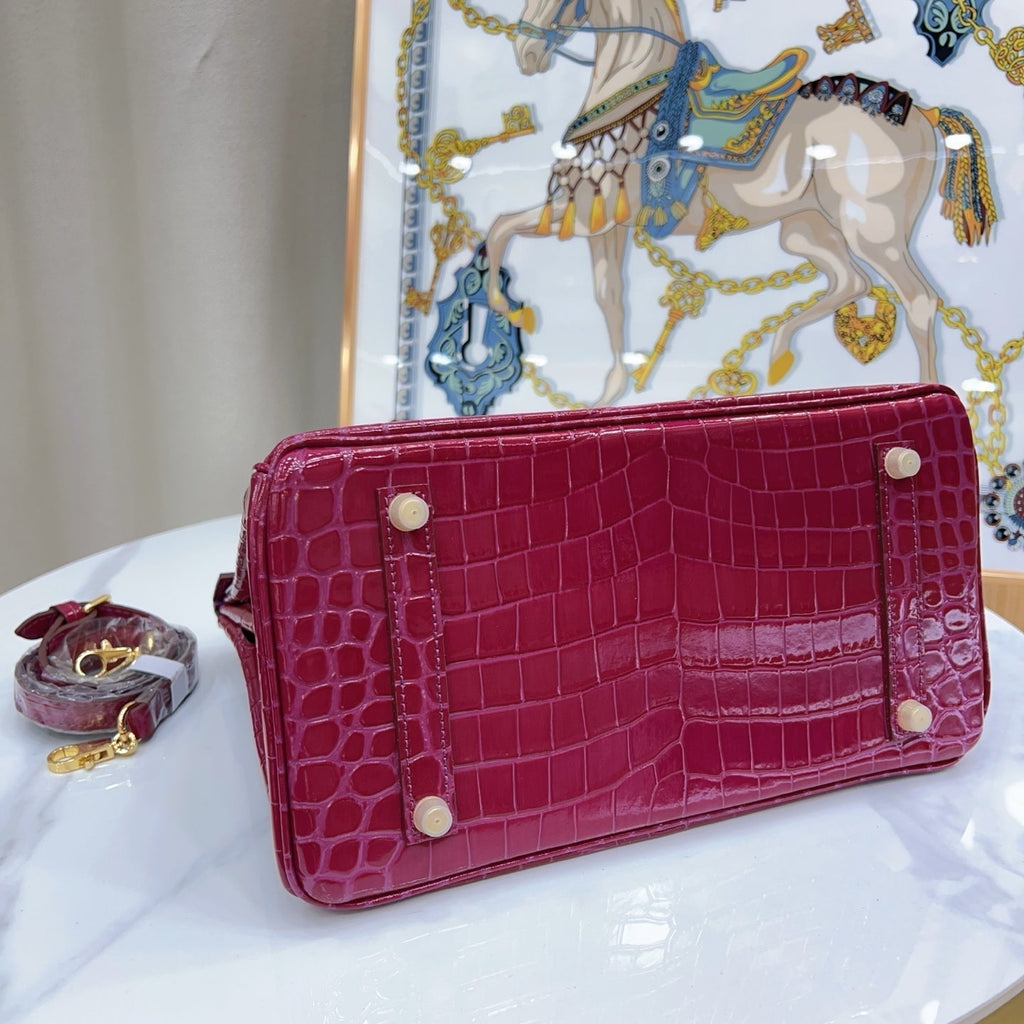 Birkin Style 25/30/35 Retourne in Rubis Crocodile-Embossed Leather (Gold Hardware)