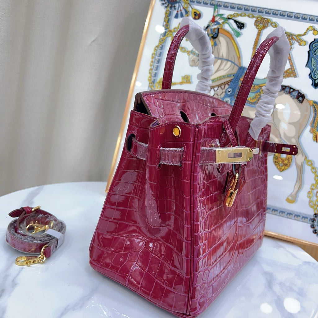 Birkin Style 25/30/35 Retourne in Rubis Crocodile-Embossed Leather (Gold Hardware)
