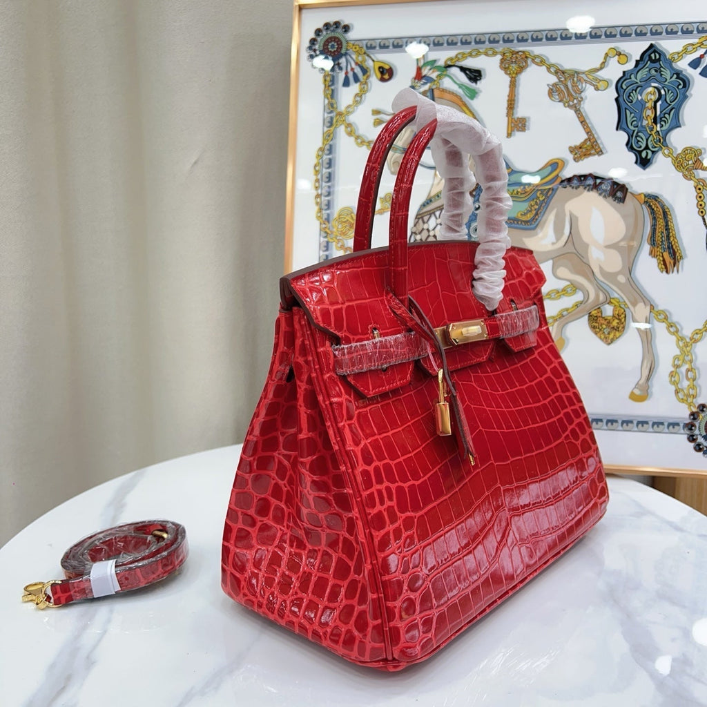 Birkin Style 25/30/35 Retourne in Rouge Vif Crocodile-Embossed Leather (Gold Hardware)