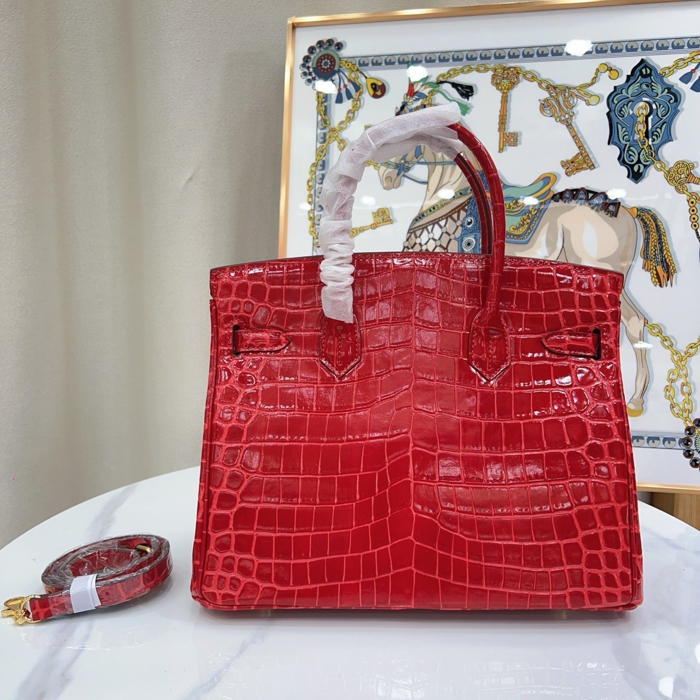 Birkin Style 25/30/35 Retourne in Rouge Vif Crocodile-Embossed Leather (Gold Hardware)