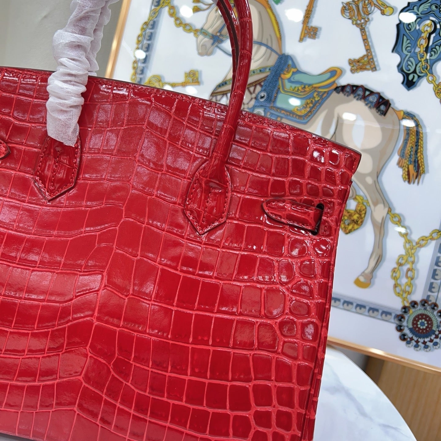 Birkin Style 25/30/35 Retourne in Rouge Vif Crocodile-Embossed Leather (Gold Hardware)