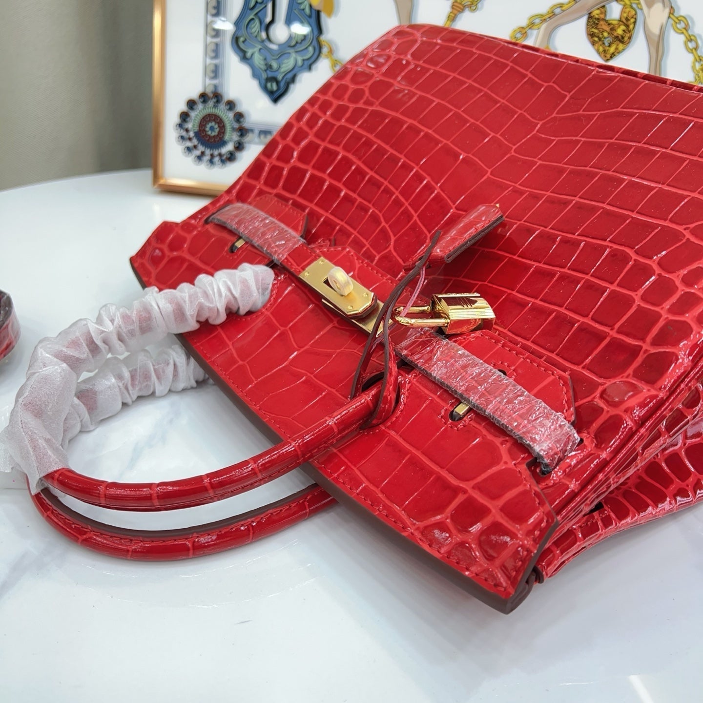 Birkin Style 25/30/35 Retourne in Rouge Vif Crocodile-Embossed Leather (Gold Hardware)