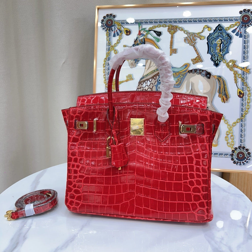 Birkin Style 25/30/35 Retourne in Rouge Vif Crocodile-Embossed Leather (Gold Hardware)