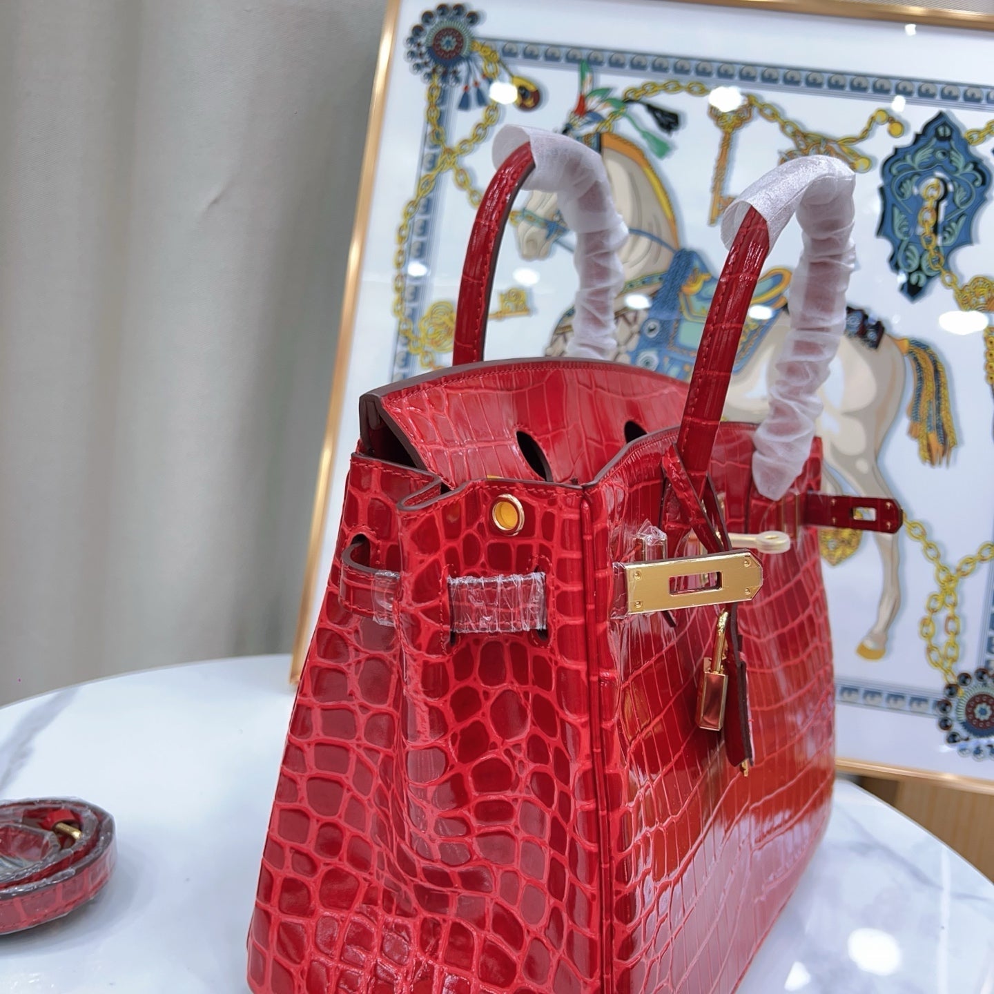 Birkin Style 25/30/35 Retourne in Rouge Vif Crocodile-Embossed Leather (Gold Hardware)