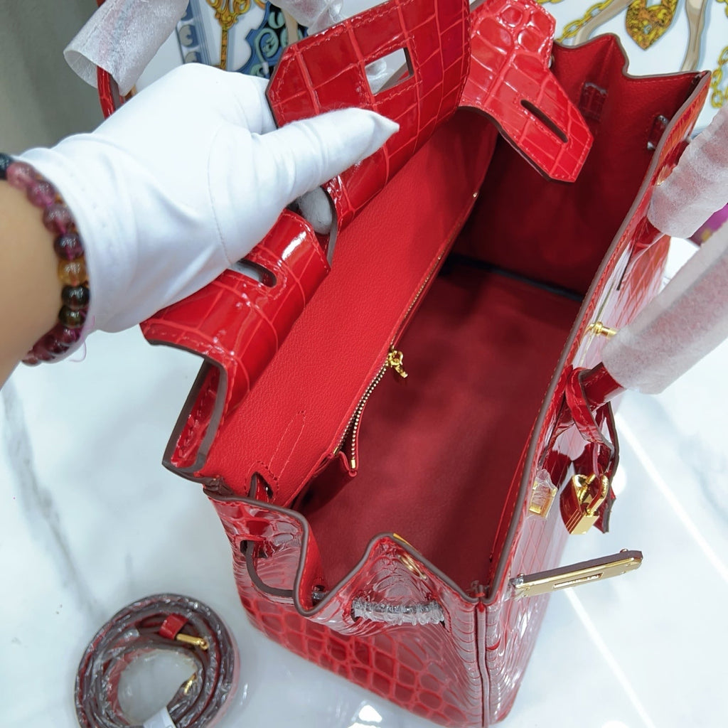 Birkin Style 25/30/35 Retourne in Rouge Vif Crocodile-Embossed Leather (Gold Hardware)