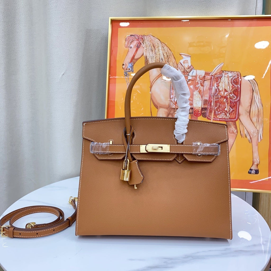 Birkin Style 25/30 Sellier in Gold Epsom Leather with White Stitching (Gold Hardware)