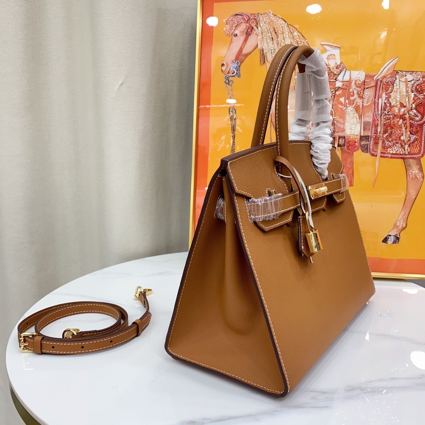 Birkin Style 25/30 Sellier in Gold Epsom Leather with White Stitching (Gold Hardware)