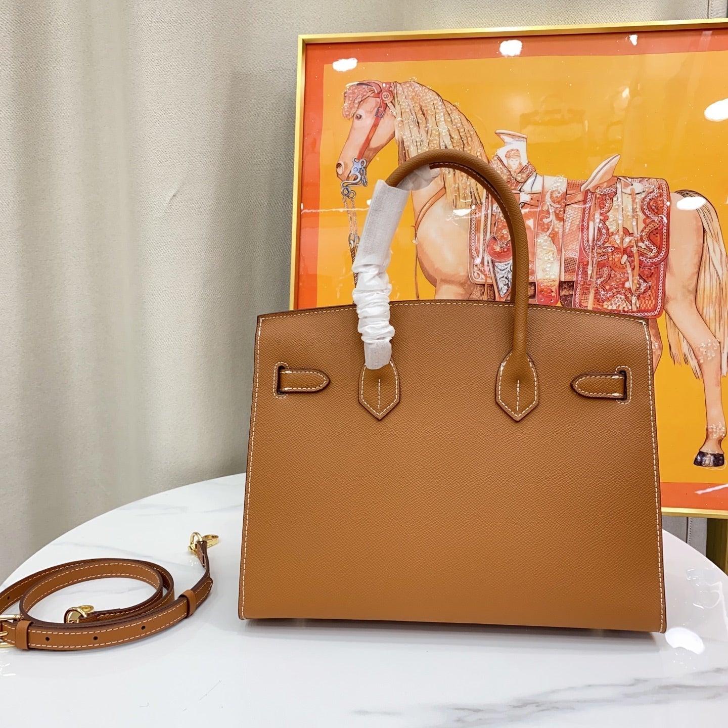 Birkin Style 25/30 Sellier in Gold Epsom Leather with White Stitching (Gold Hardware)