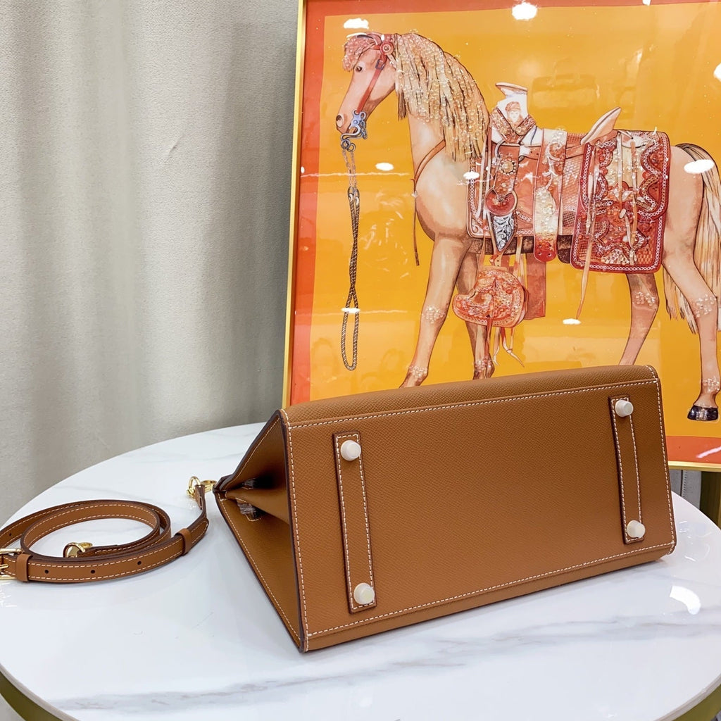 Birkin Style 25/30 Sellier in Gold Epsom Leather with White Stitching (Gold Hardware)