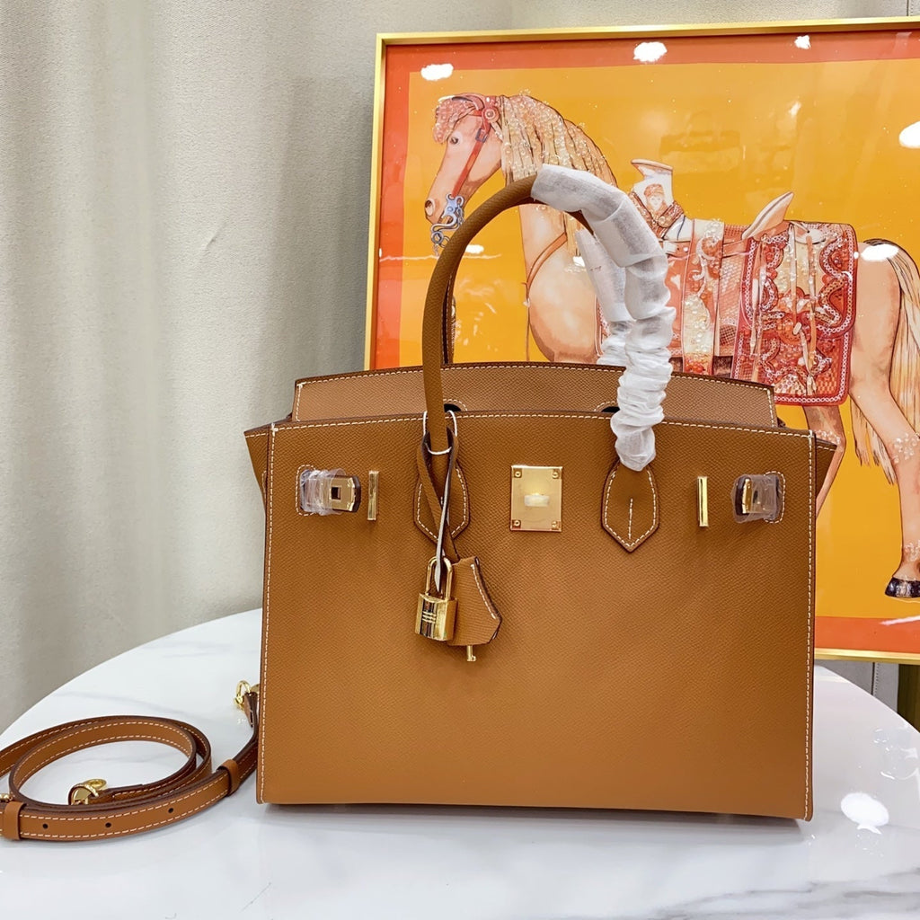 Birkin Style 25/30 Sellier in Gold Epsom Leather with White Stitching (Gold Hardware)