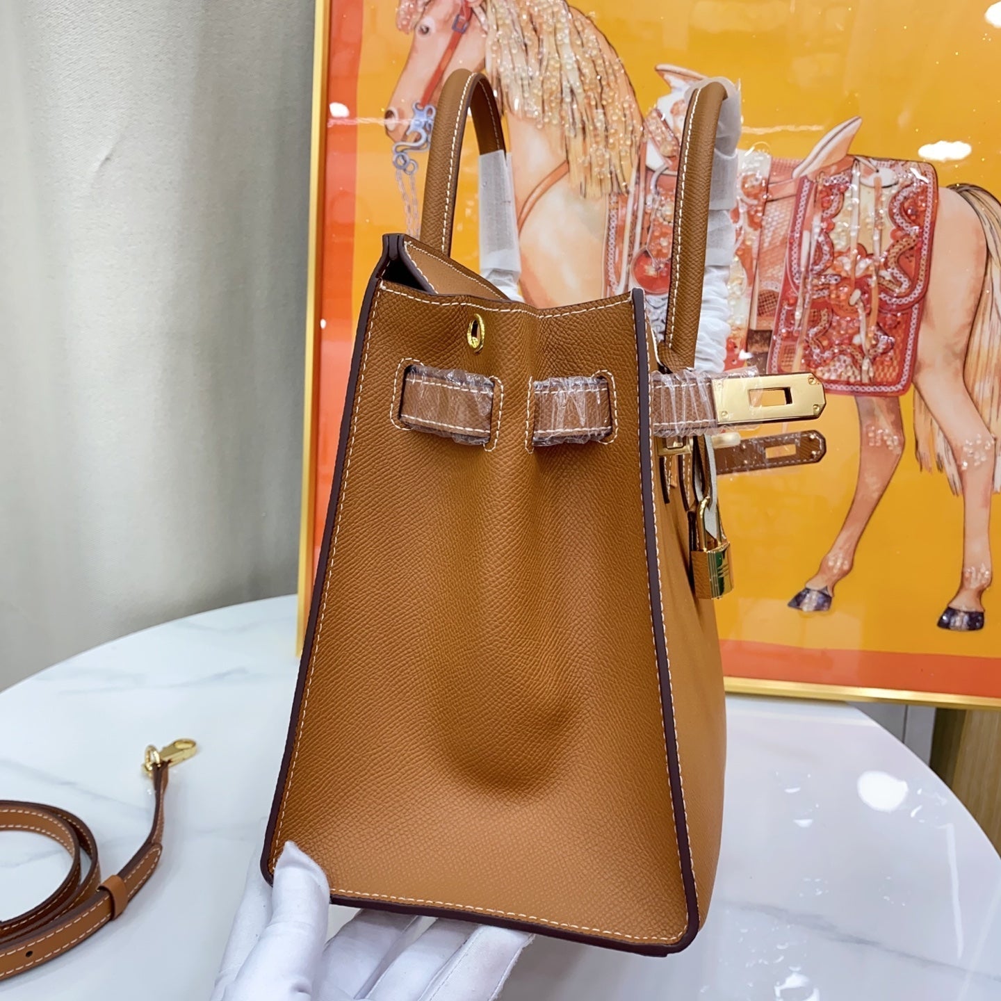 Birkin Style 25/30 Sellier in Gold Epsom Leather with White Stitching (Gold Hardware)