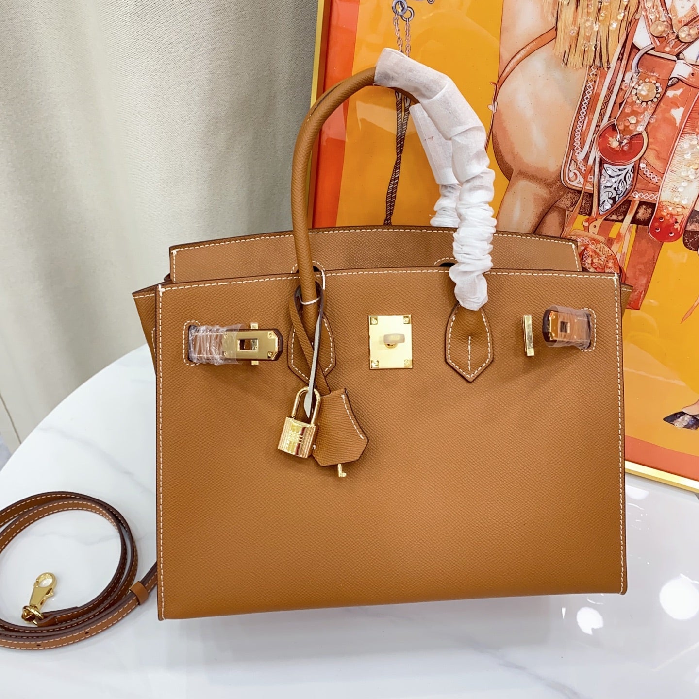 Birkin Style 25/30 Sellier in Gold Epsom Leather with White Stitching (Gold Hardware)