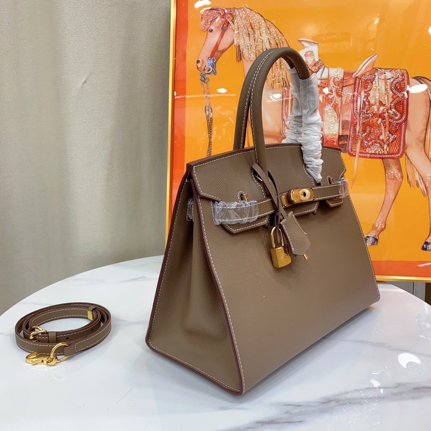 Birkin Style 25/30 Sellier in Etoupe Epsom Leather with White Stitching (Gold Hardware)