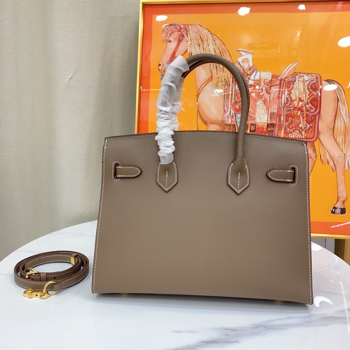 Birkin Style 25/30 Sellier in Etoupe Epsom Leather with White Stitching (Gold Hardware)
