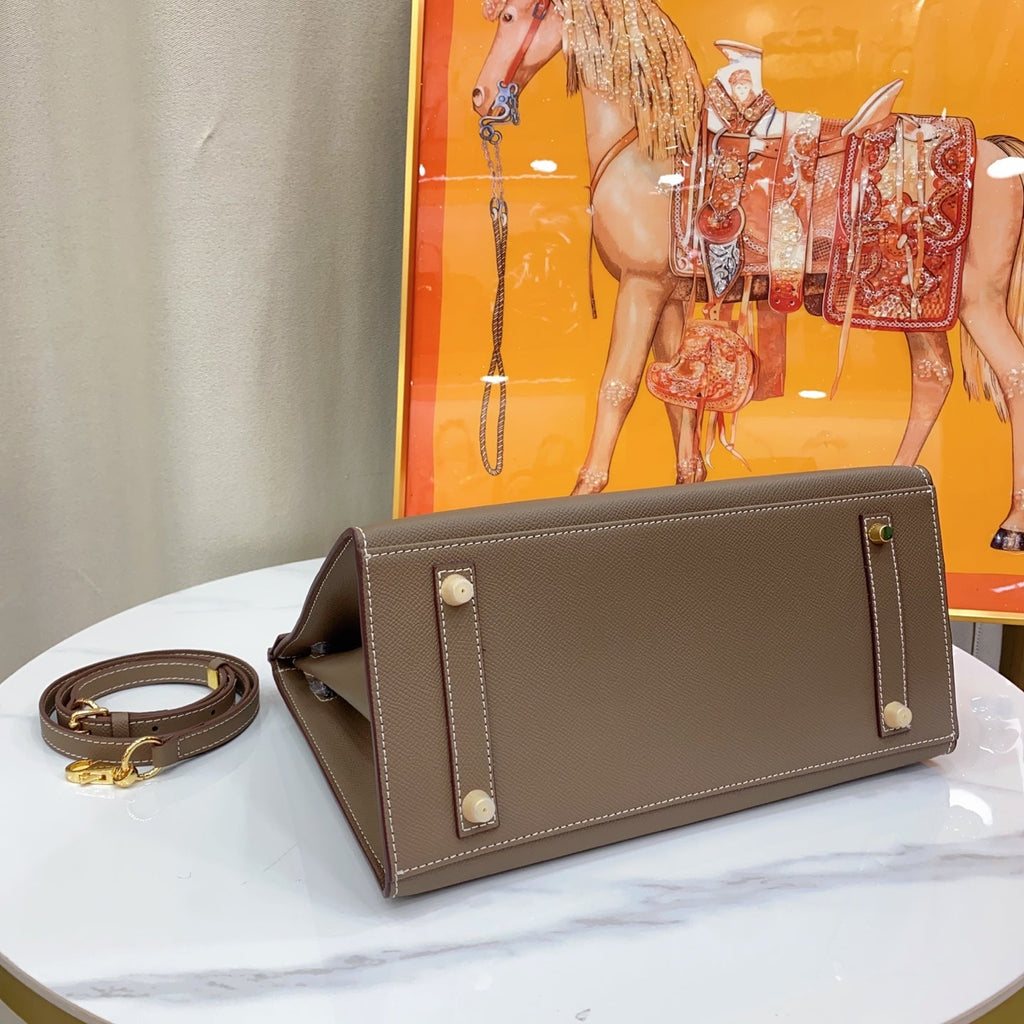 Birkin Style 25/30 Sellier in Etoupe Epsom Leather with White Stitching (Gold Hardware)