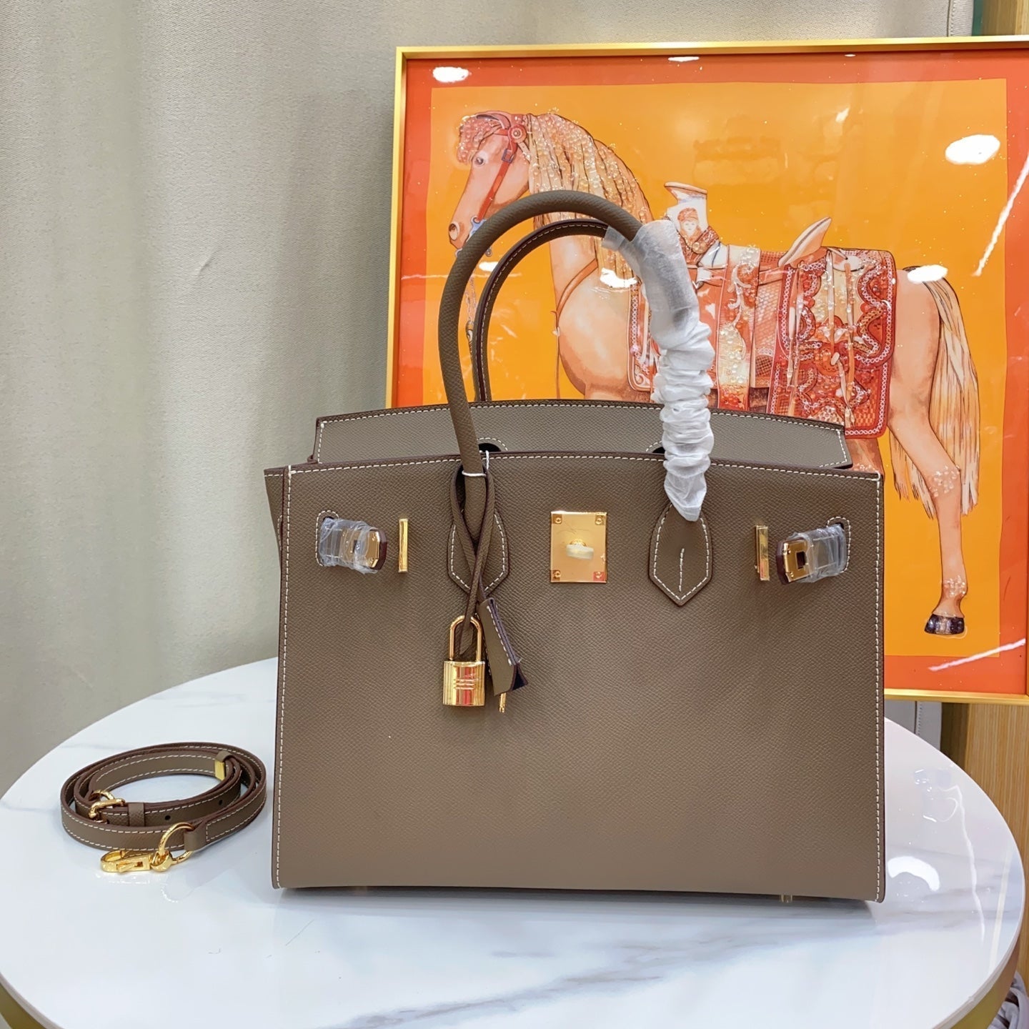 Birkin Style 25/30 Sellier in Etoupe Epsom Leather with White Stitching (Gold Hardware)