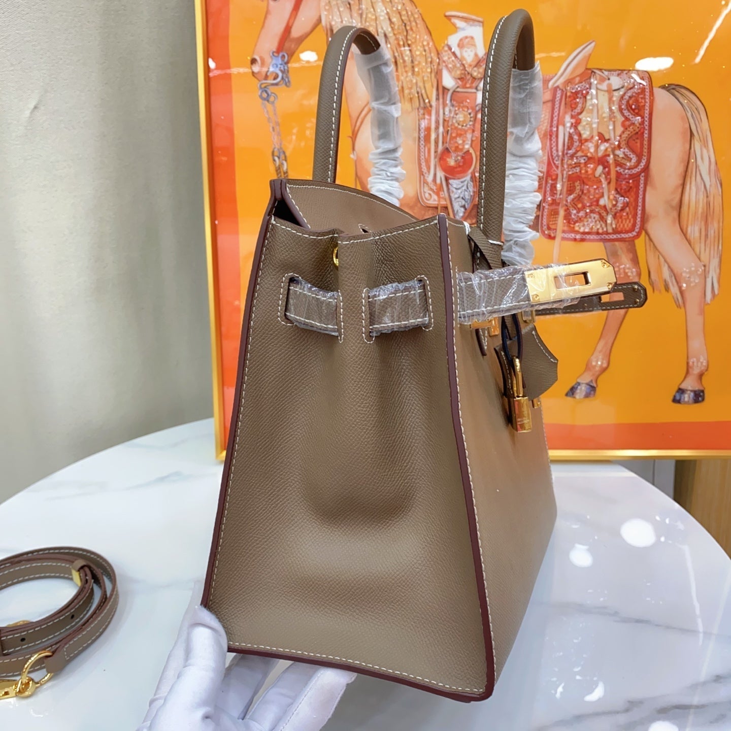 Birkin Style 25/30 Sellier in Etoupe Epsom Leather with White Stitching (Gold Hardware)