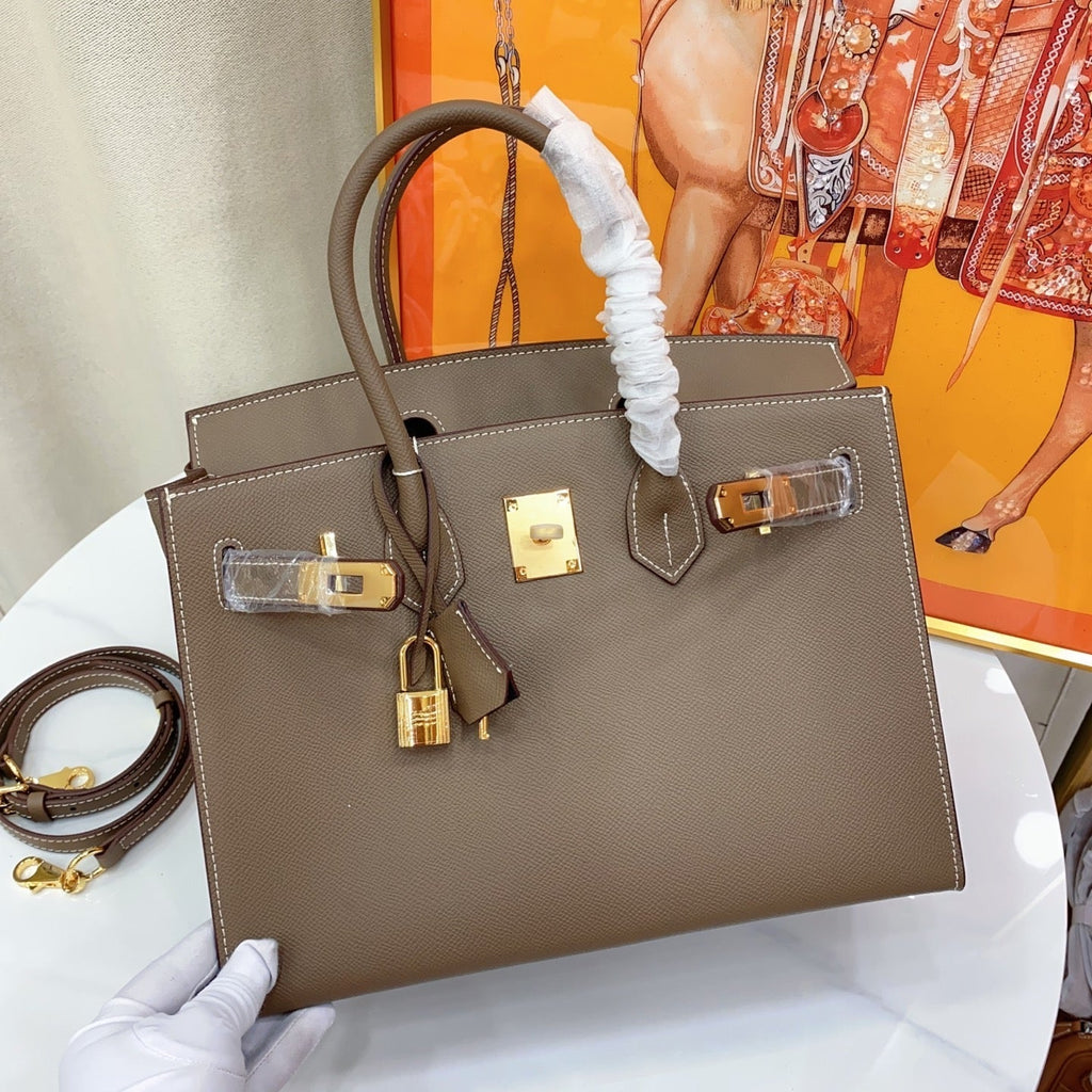 Birkin Style 25/30 Sellier in Etoupe Epsom Leather with White Stitching (Gold Hardware)