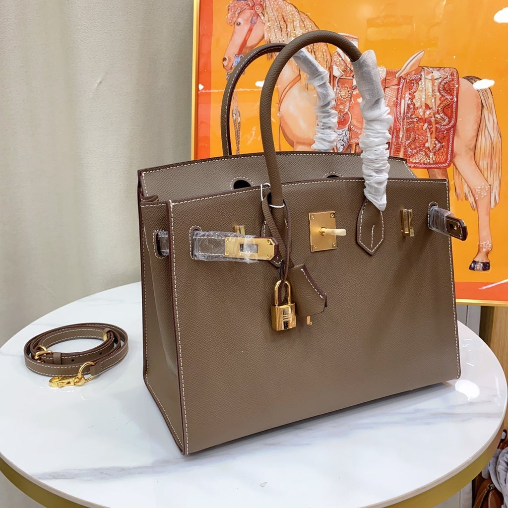 Birkin Style 25/30 Sellier in Etoupe Epsom Leather with White Stitching (Gold Hardware)