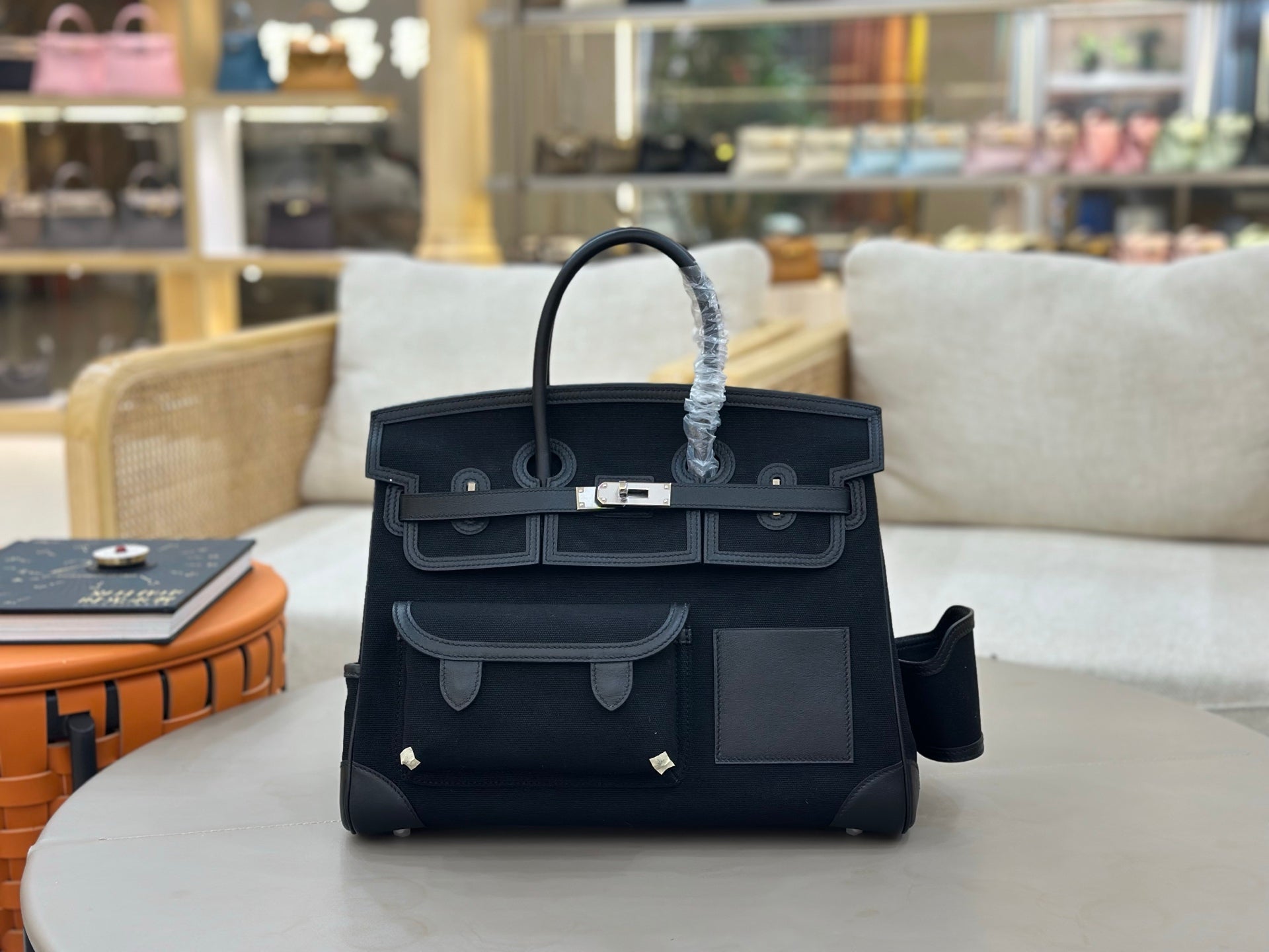 Birkin Cargo 35 in Noir Toile Goéland and Swift Leather (Palladium Hardware)