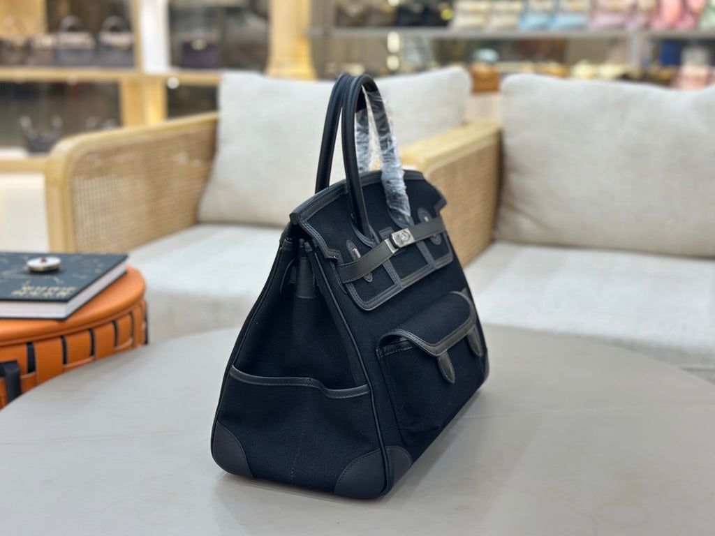 Birkin Cargo 35 in Noir Toile Goéland and Swift Leather (Palladium Hardware)