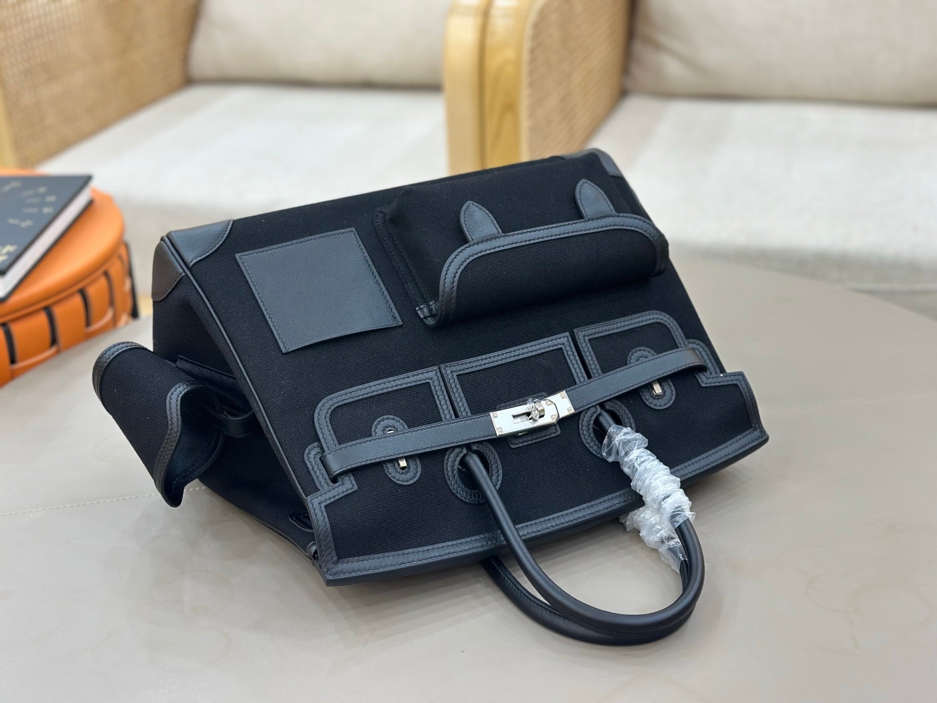 Birkin Cargo 35 in Noir Toile Goéland and Swift Leather (Palladium Hardware)