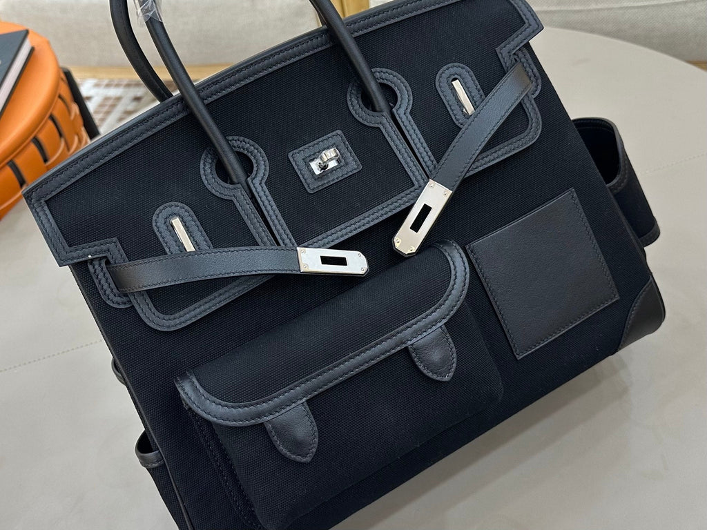 Birkin Cargo 35 in Noir Toile Goéland and Swift Leather (Palladium Hardware)