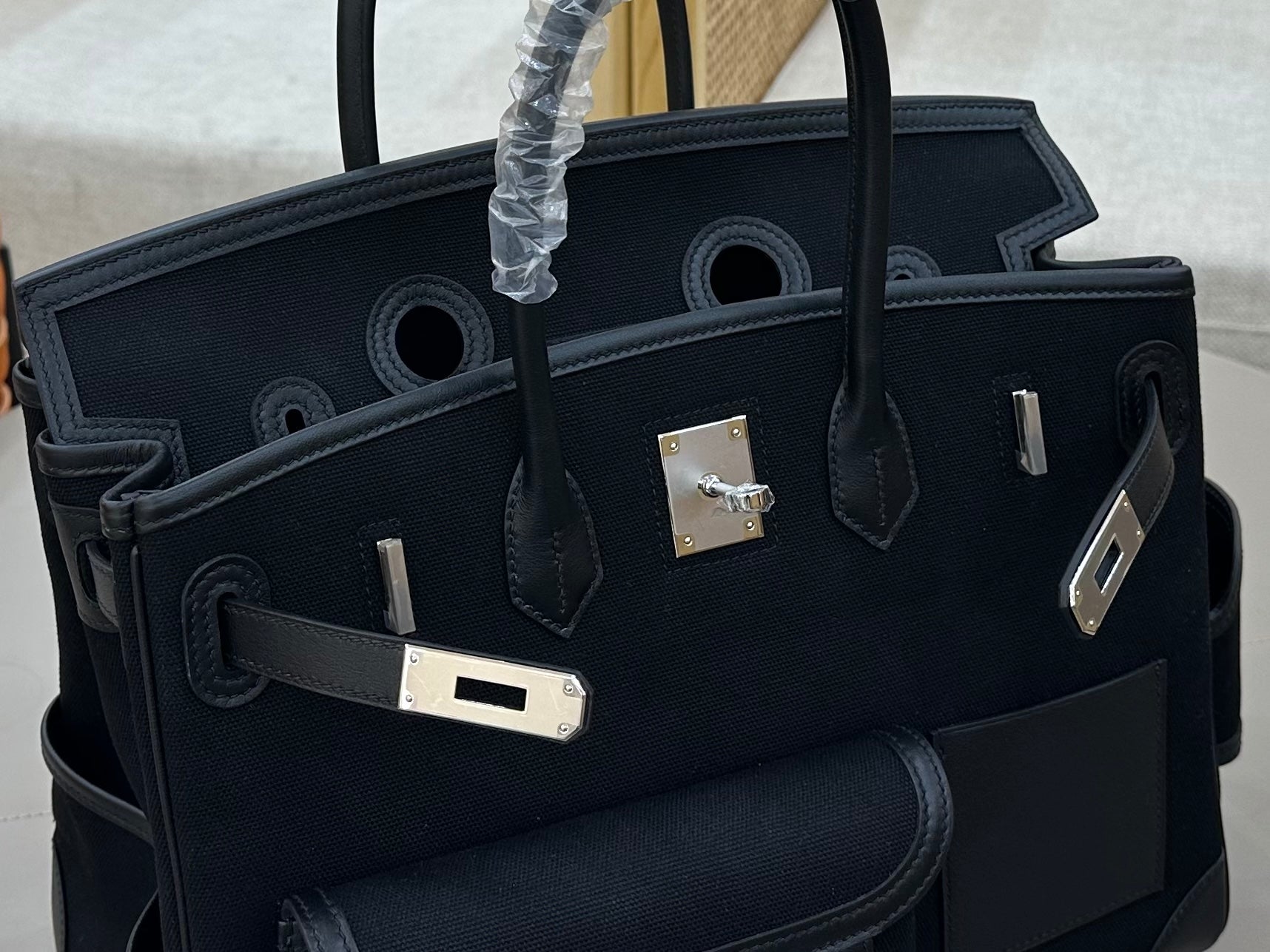 Birkin Cargo 35 in Noir Toile Goéland and Swift Leather (Palladium Hardware)