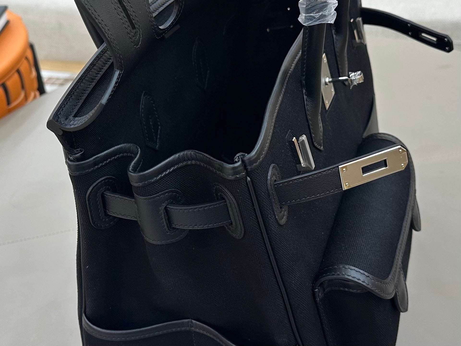 Birkin Cargo 35 in Noir Toile Goéland and Swift Leather (Palladium Hardware)