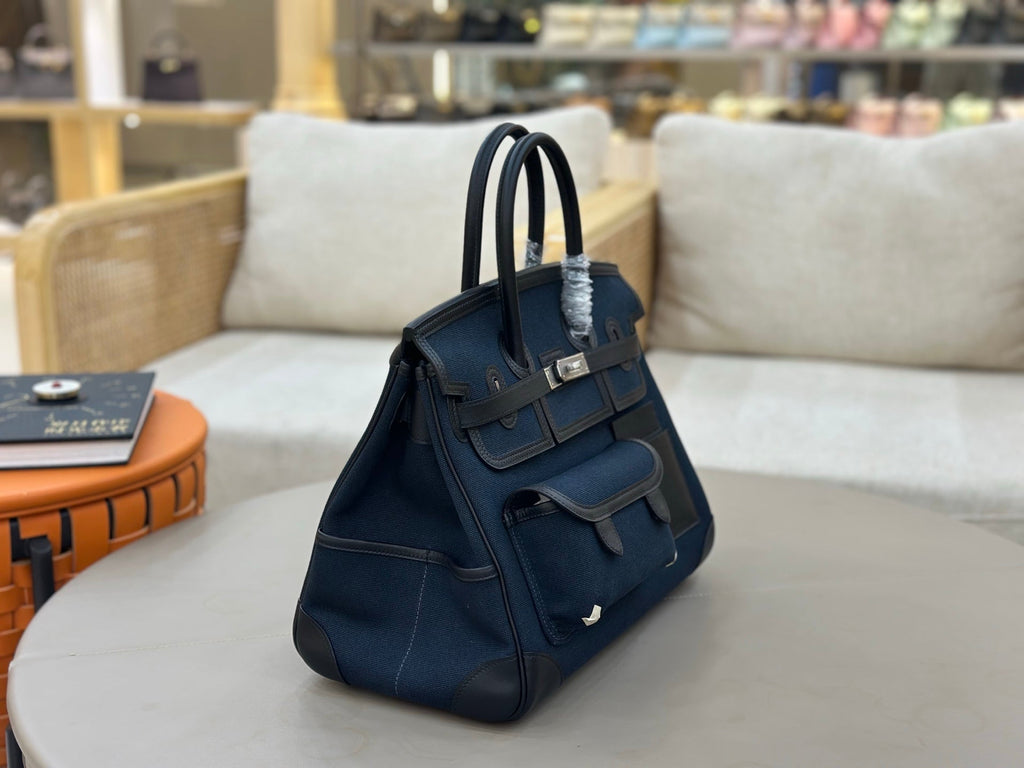 Birkin Cargo 35 in Bleu Nuit Toile Goéland and Noir Swift Leather (Palladium Hardware)