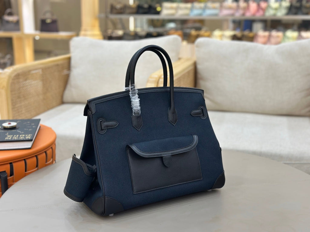 Birkin Cargo 35 in Bleu Nuit Toile Goéland and Noir Swift Leather (Palladium Hardware)