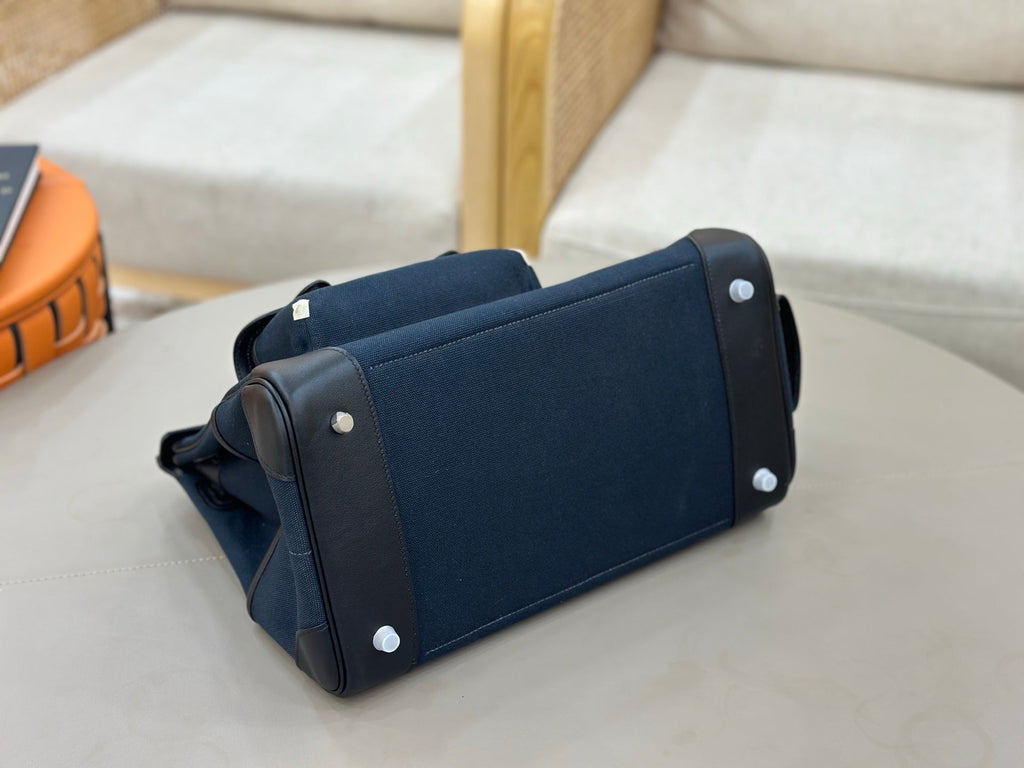 Birkin Cargo 35 in Bleu Nuit Toile Goéland and Noir Swift Leather (Palladium Hardware)