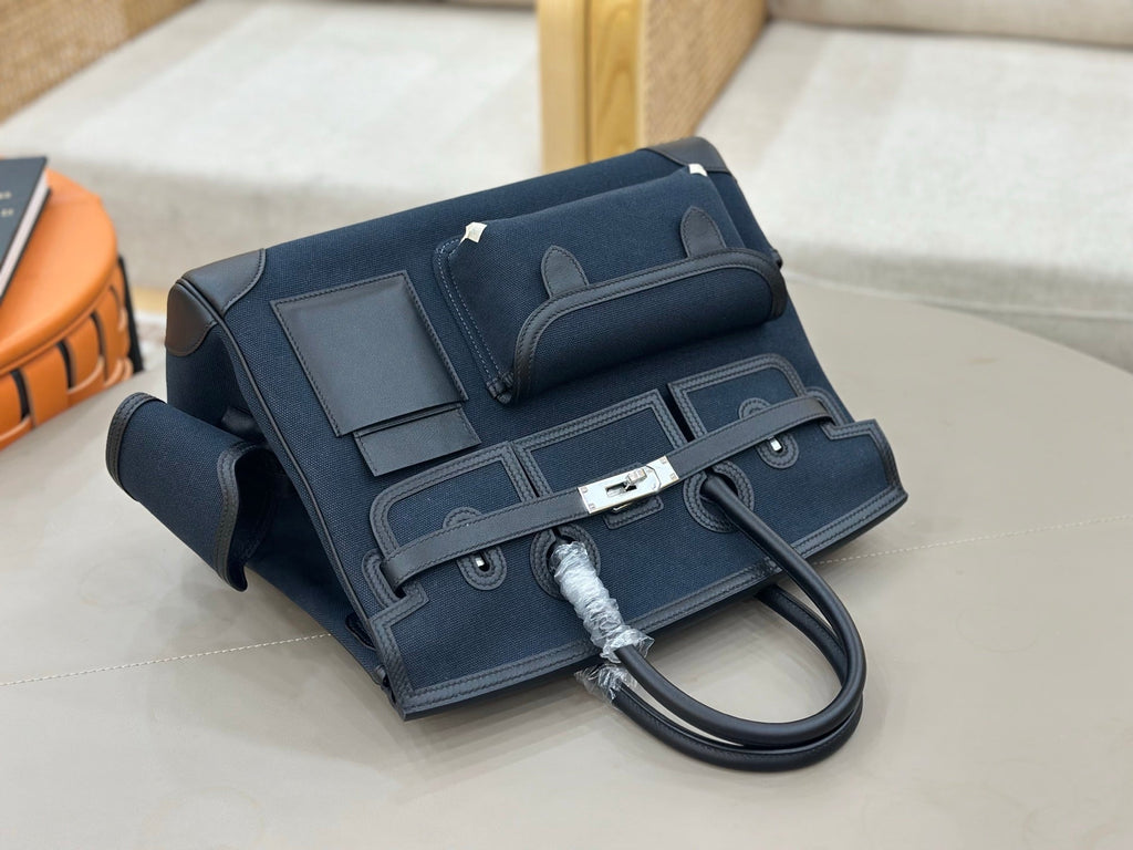 Birkin Cargo 35 in Bleu Nuit Toile Goéland and Noir Swift Leather (Palladium Hardware)