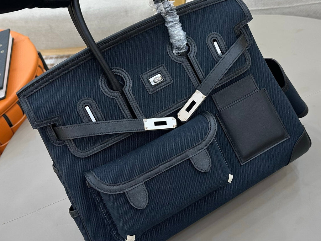 Birkin Cargo 35 in Bleu Nuit Toile Goéland and Noir Swift Leather (Palladium Hardware)