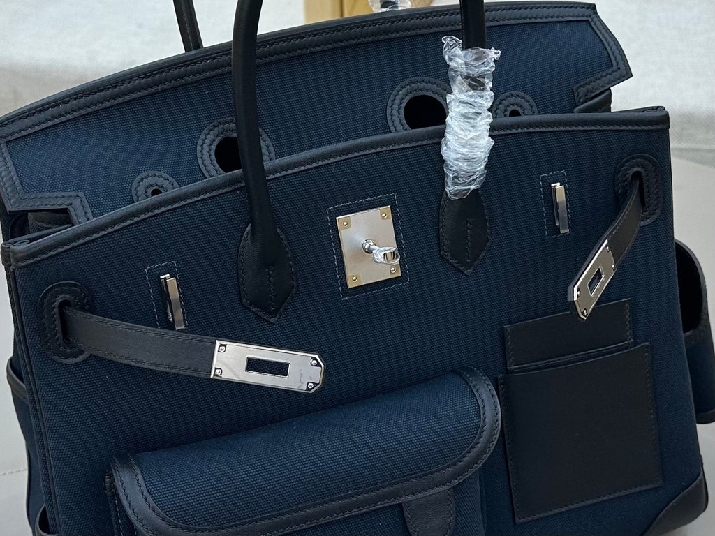 Birkin Cargo 35 in Bleu Nuit Toile Goéland and Noir Swift Leather (Palladium Hardware)
