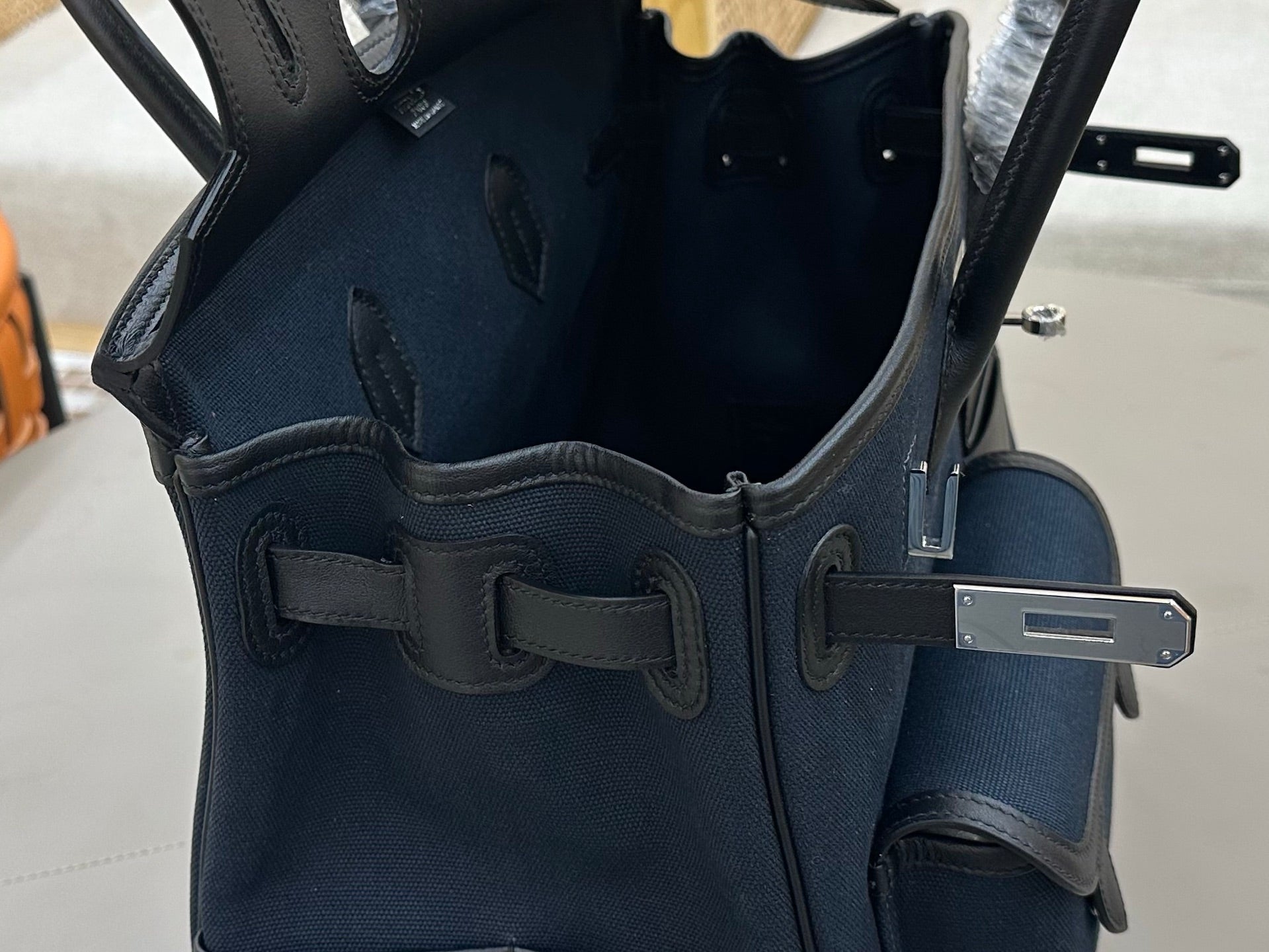 Birkin Cargo 35 in Bleu Nuit Toile Goéland and Noir Swift Leather (Palladium Hardware)