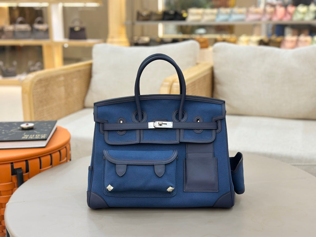 Birkin Cargo 35 in Bleu Marine Toile Goéland and Swift Leather (Palladium Hardware)