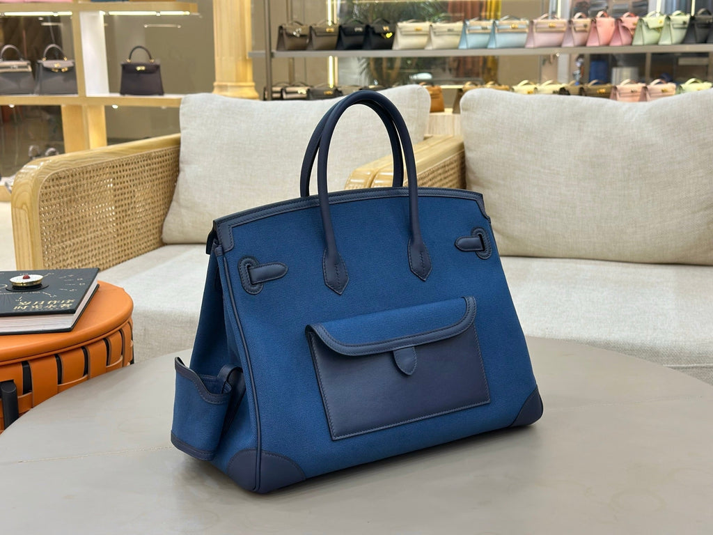 Birkin Cargo 35 in Bleu Marine Toile Goéland and Swift Leather (Palladium Hardware)