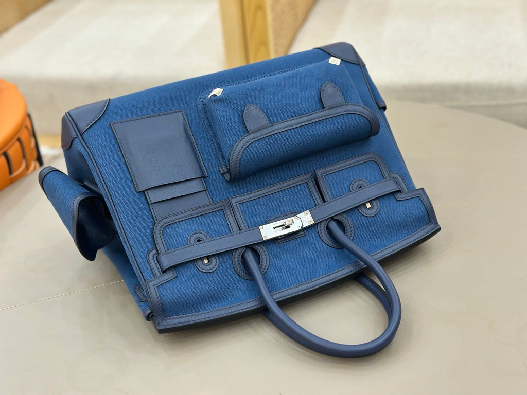 Birkin Cargo 35 in Bleu Marine Toile Goéland and Swift Leather (Palladium Hardware)