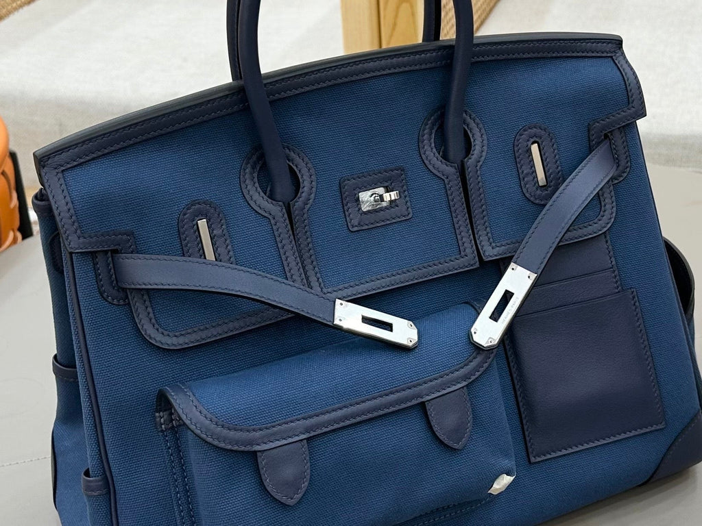 Birkin Cargo 35 in Bleu Marine Toile Goéland and Swift Leather (Palladium Hardware)