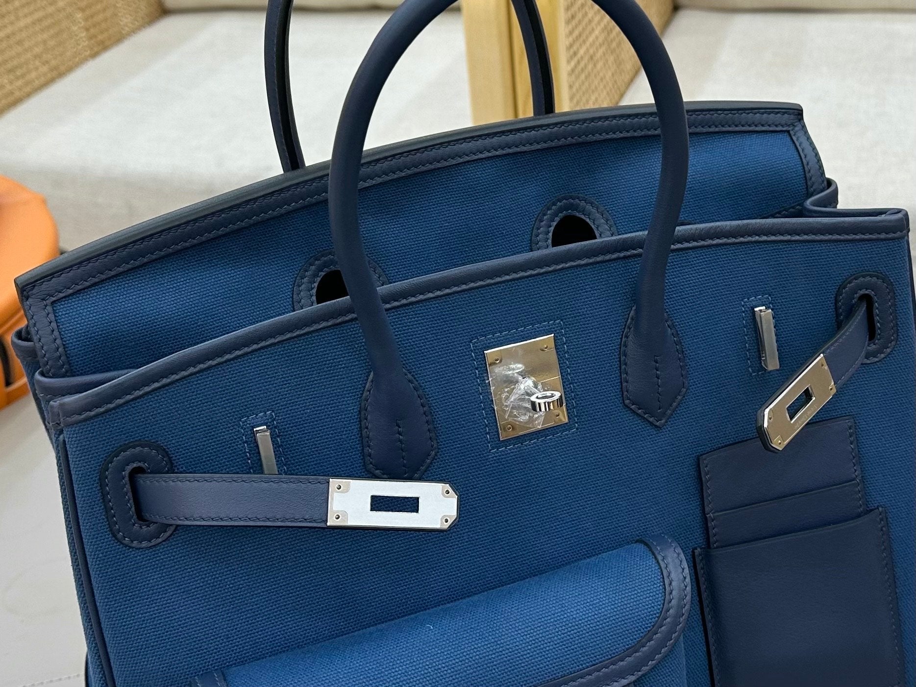 Birkin Cargo 35 in Bleu Marine Toile Goéland and Swift Leather (Palladium Hardware)