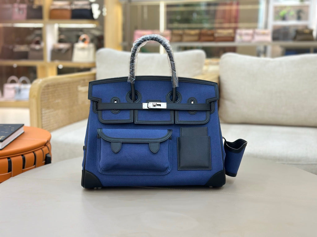 Birkin Cargo 35 in Bleu Encre Toile Goéland and Noir Swift Leather (Palladium Hardware)