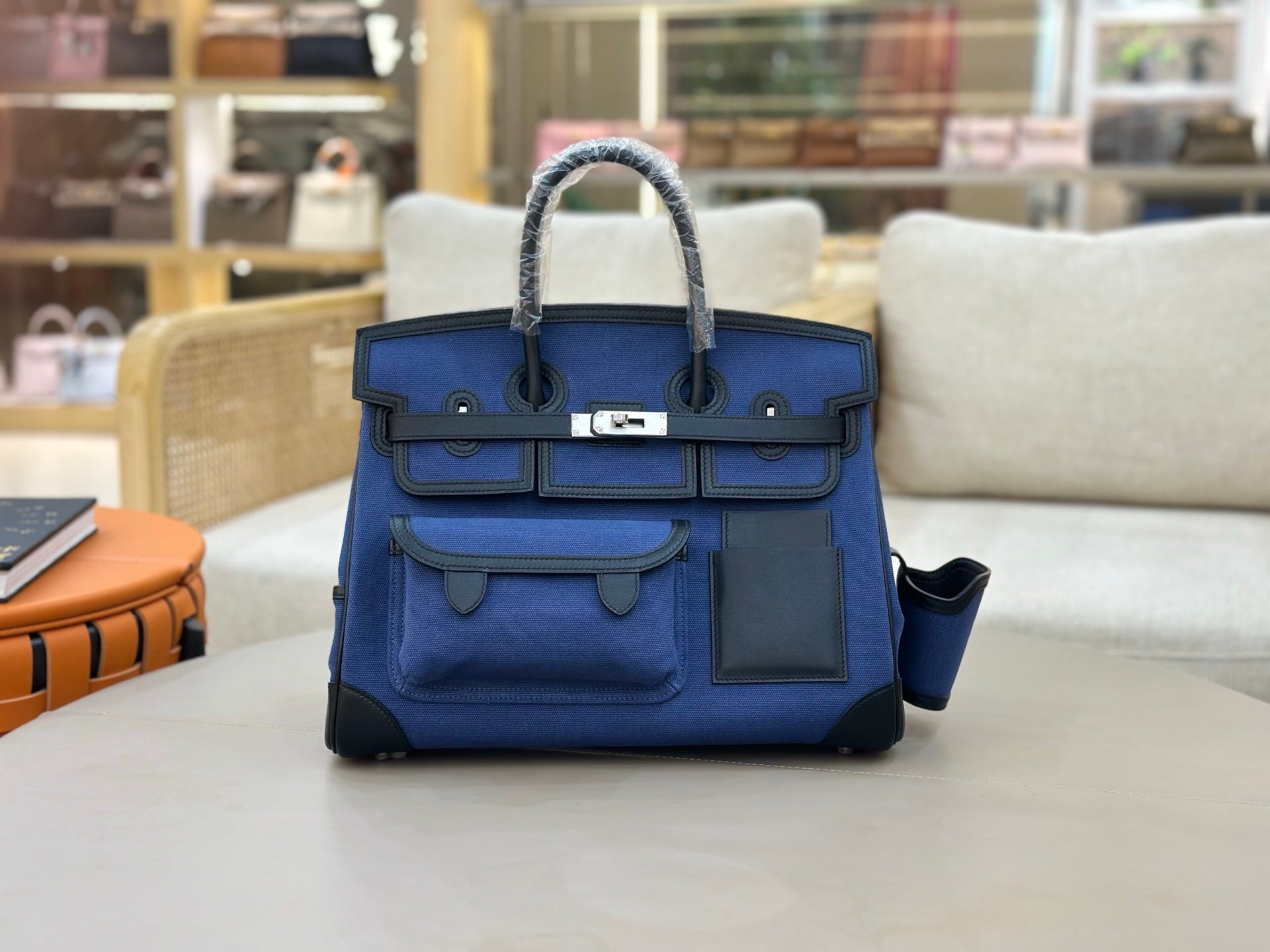 Birkin Cargo 35 in Bleu Encre Toile Goéland and Noir Swift Leather (Palladium Hardware)