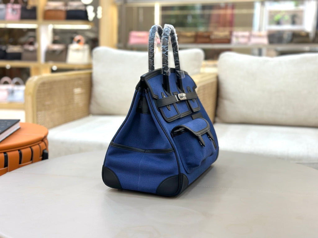 Birkin Cargo 35 in Bleu Encre Toile Goéland and Noir Swift Leather (Palladium Hardware)