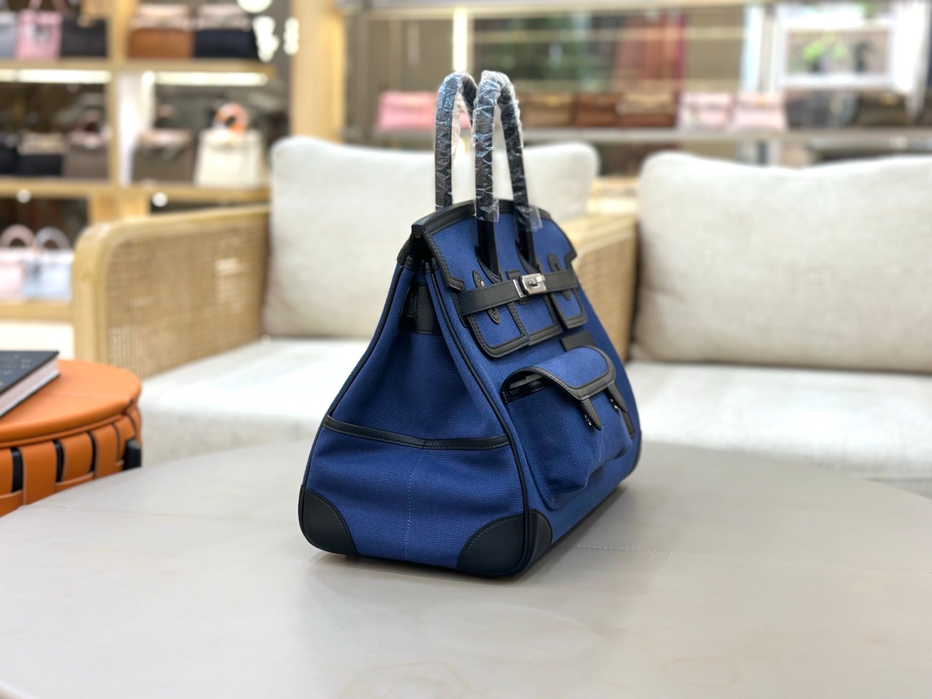 Birkin Cargo 35 in Bleu Encre Toile Goéland and Noir Swift Leather (Palladium Hardware)