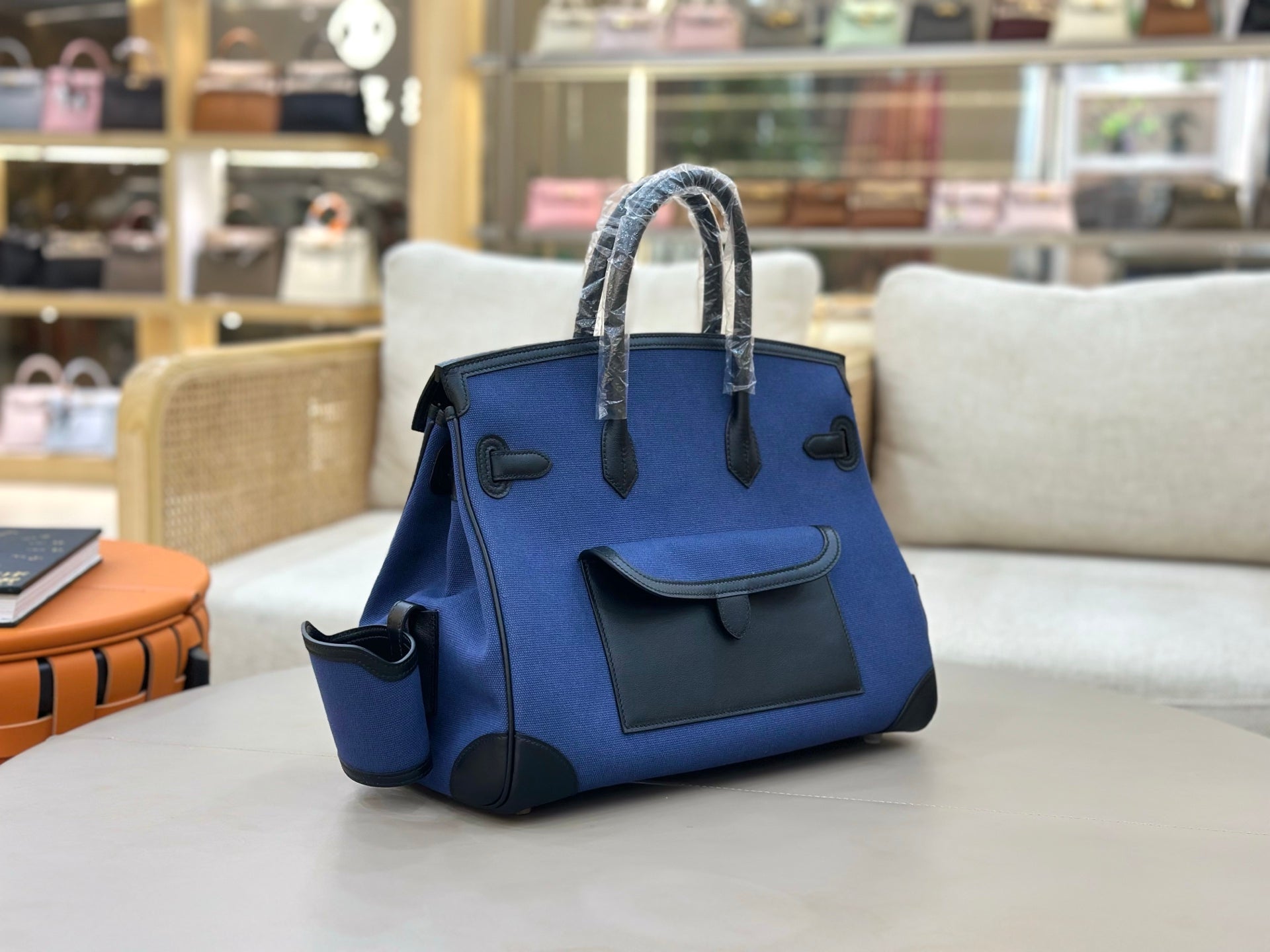 Birkin Cargo 35 in Bleu Encre Toile Goéland and Noir Swift Leather (Palladium Hardware)