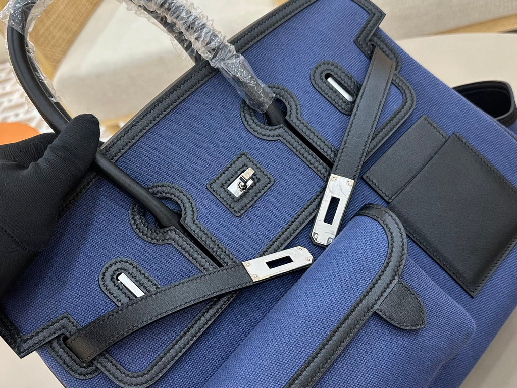 Birkin Cargo 35 in Bleu Encre Toile Goéland and Noir Swift Leather (Palladium Hardware)