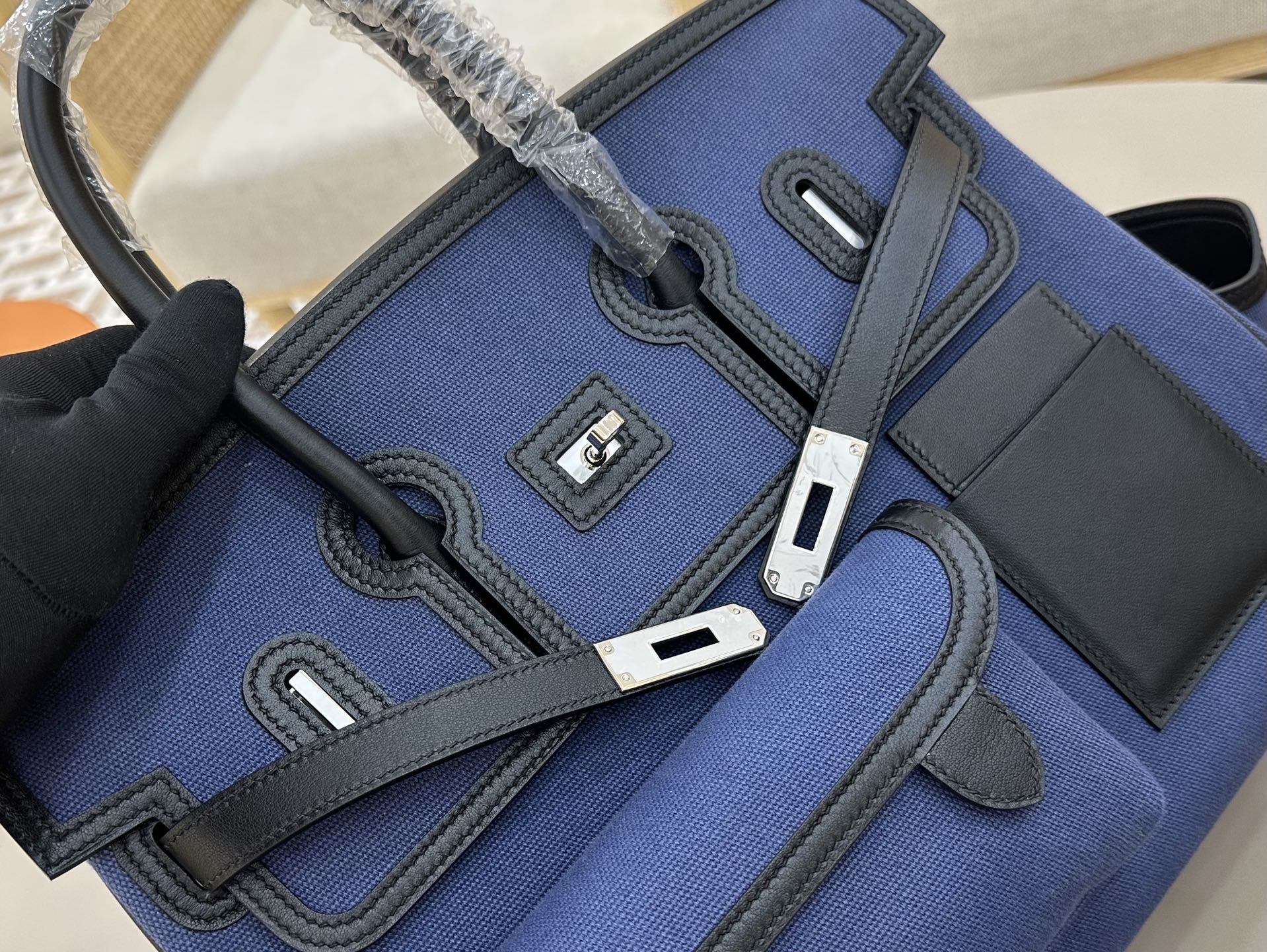 Birkin Cargo 35 in Bleu Encre Toile Goéland and Noir Swift Leather (Palladium Hardware)