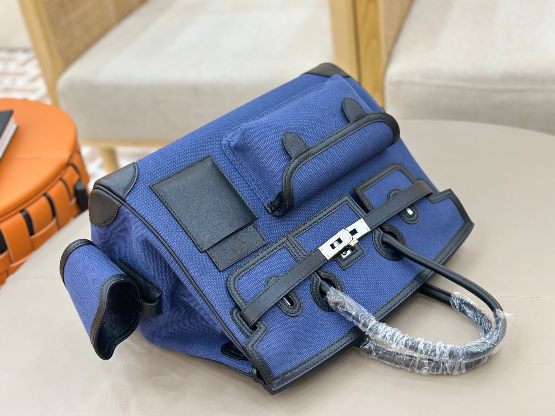Birkin Cargo 35 in Bleu Encre Toile Goéland and Noir Swift Leather (Palladium Hardware)